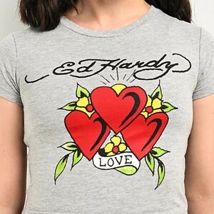 Ed Hardy Gray Crop Top with Red Hearts